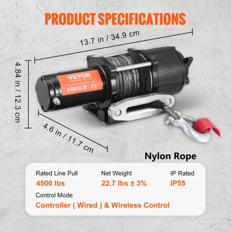 Electric Winch Nylon or Steel Rope 2000-4500lbs Wireless or Wired Remote & 4-Way Fairlead for Towing