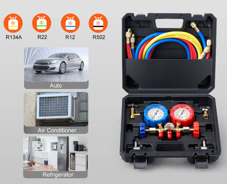 AC Gauge Set 3 Way AC Manifold Gauge Set for R134A, R22, R12, R502 Refrigerant