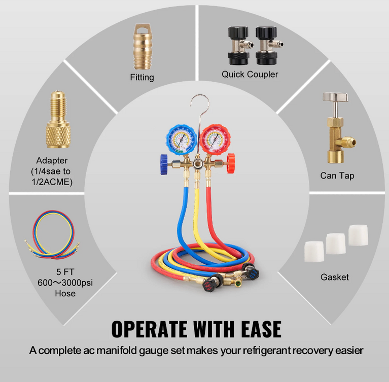 AC Gauge Set 3 Way AC Manifold Gauge Set for R134A, R22, R12, R502 Refrigerant