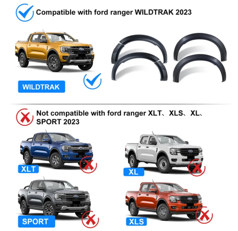 Ford Ranger Next Gen 2022 2023 2024 Matte Black Fender Flares Wheel Arch Wildtrak Sport Limited XLT XL XLS