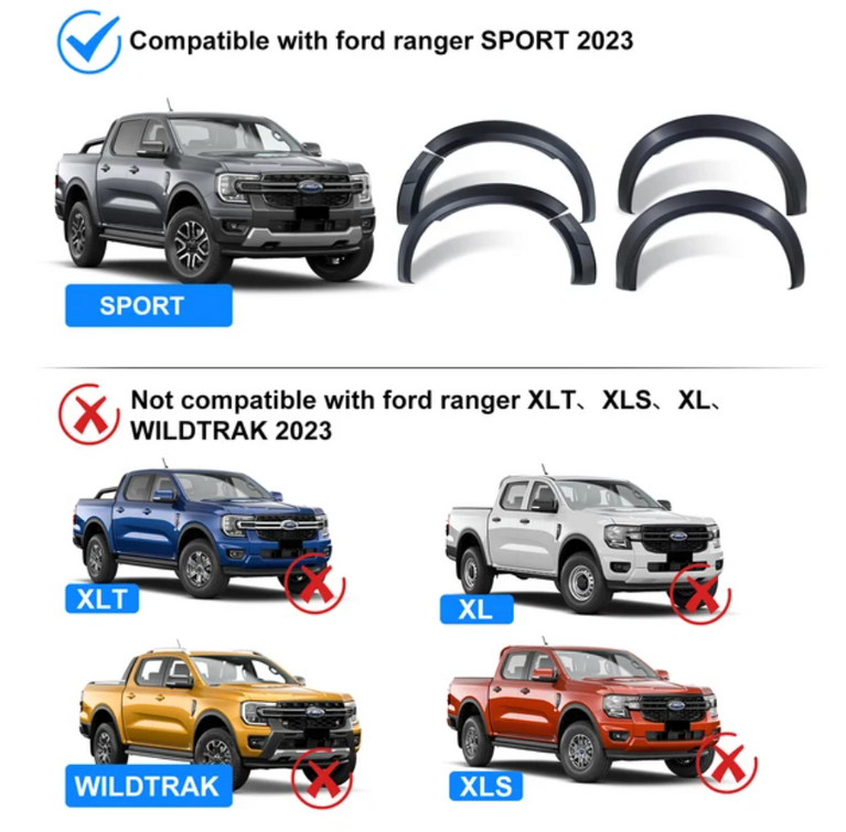 Ford Ranger Next Gen 2022 2023 2024 Matte Black Fender Flares Wheel Arch Wildtrak Sport Limited XLT XL XLS