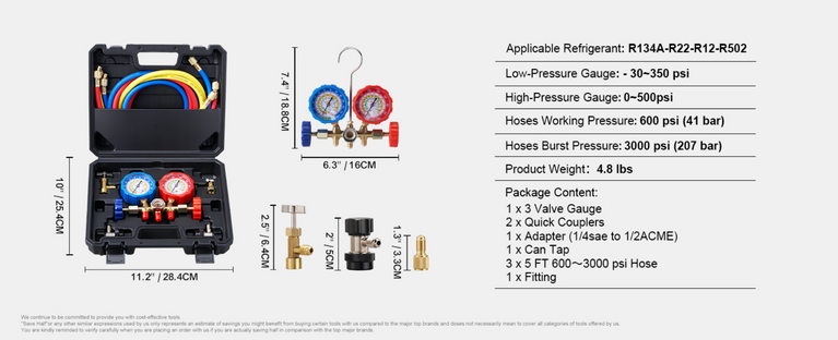 AC Gauge Set 3 Way AC Manifold Gauge Set for R134A, R22, R12, R502 Refrigerant